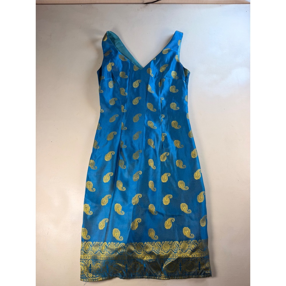 Mica Sheath Dress Women Size 4 Turquoise Blue Gold Paisley Brocade V-Neck
